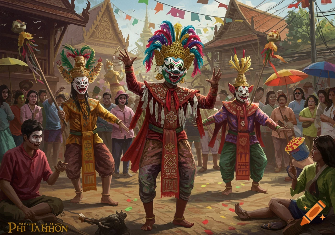People in colorful, elaborate masks and traditional costumes dance at an outdoor festival surrounded by a crowd and traditional buildings, in a painterly style.