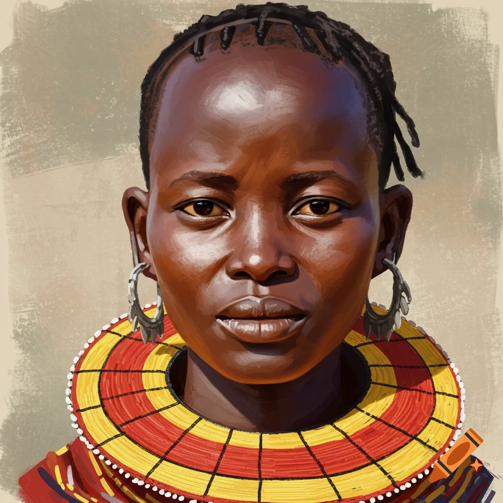 Digital painting of a woman with dark skin, braided hair, large hoop earrings, and a vibrant yellow and red beaded necklace.