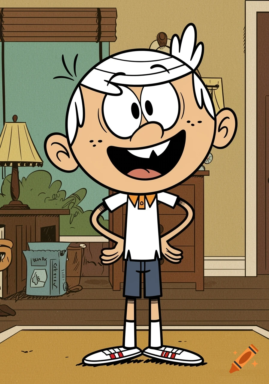 Cartoon image of Lincoln Loud from The Loud House, standing in his bedroom, smiling with hands on hips.