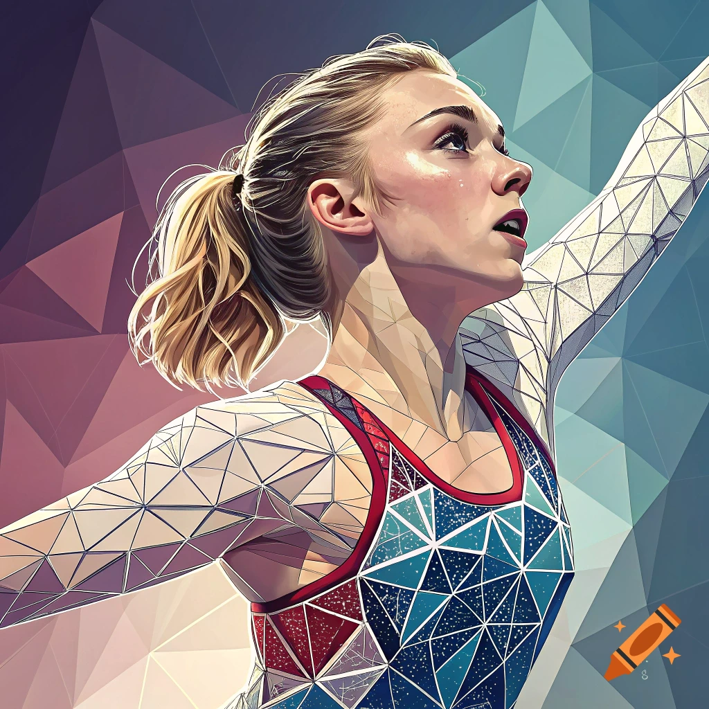 A female athlete with blonde hair, depicted in a geometric art style, looking upwards with determination while wearing a red, white, and blue sports top.