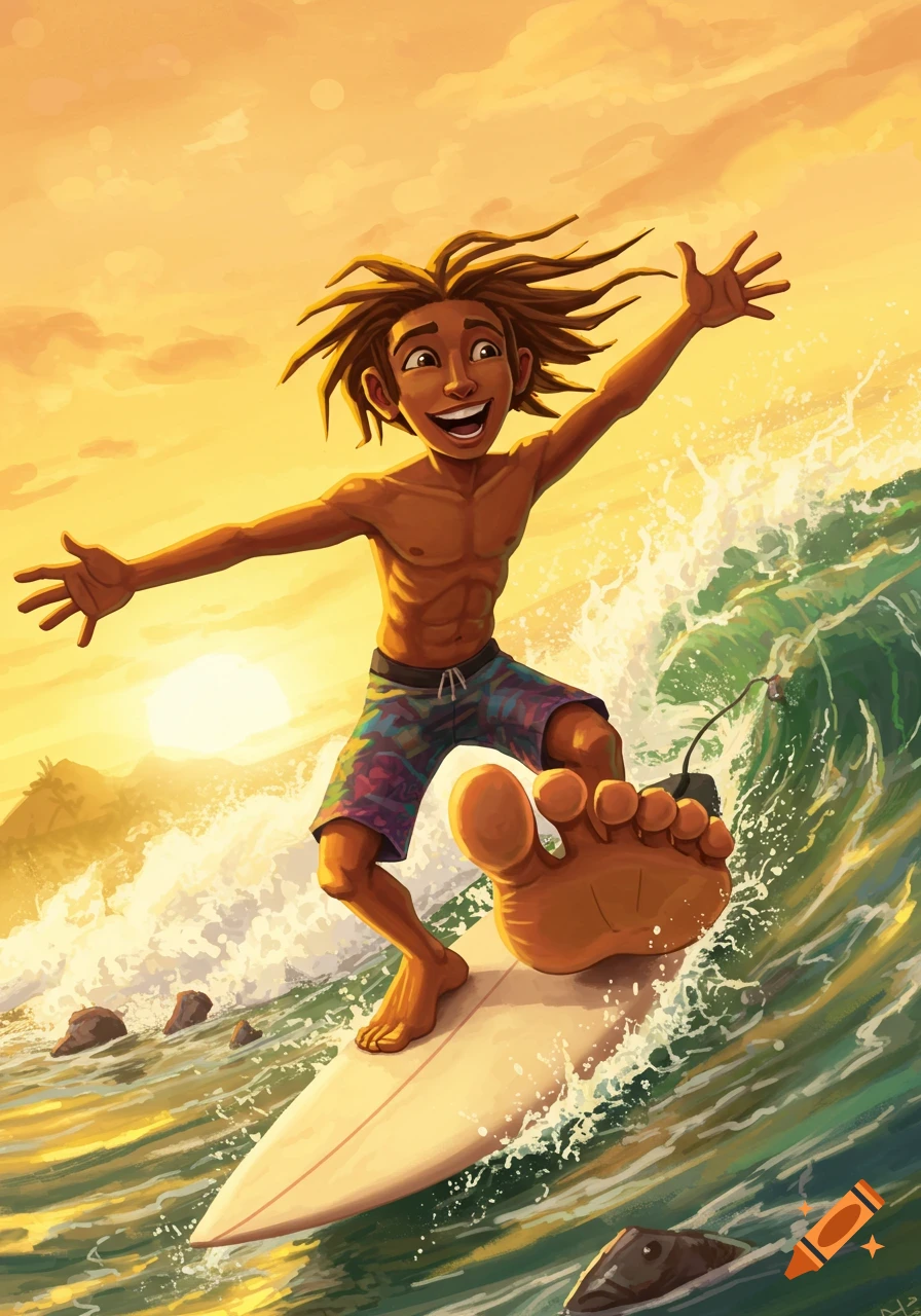 Vibrant cartoon illustration of an excited surfer riding a large wave at sunset, showing many toes on one foot.