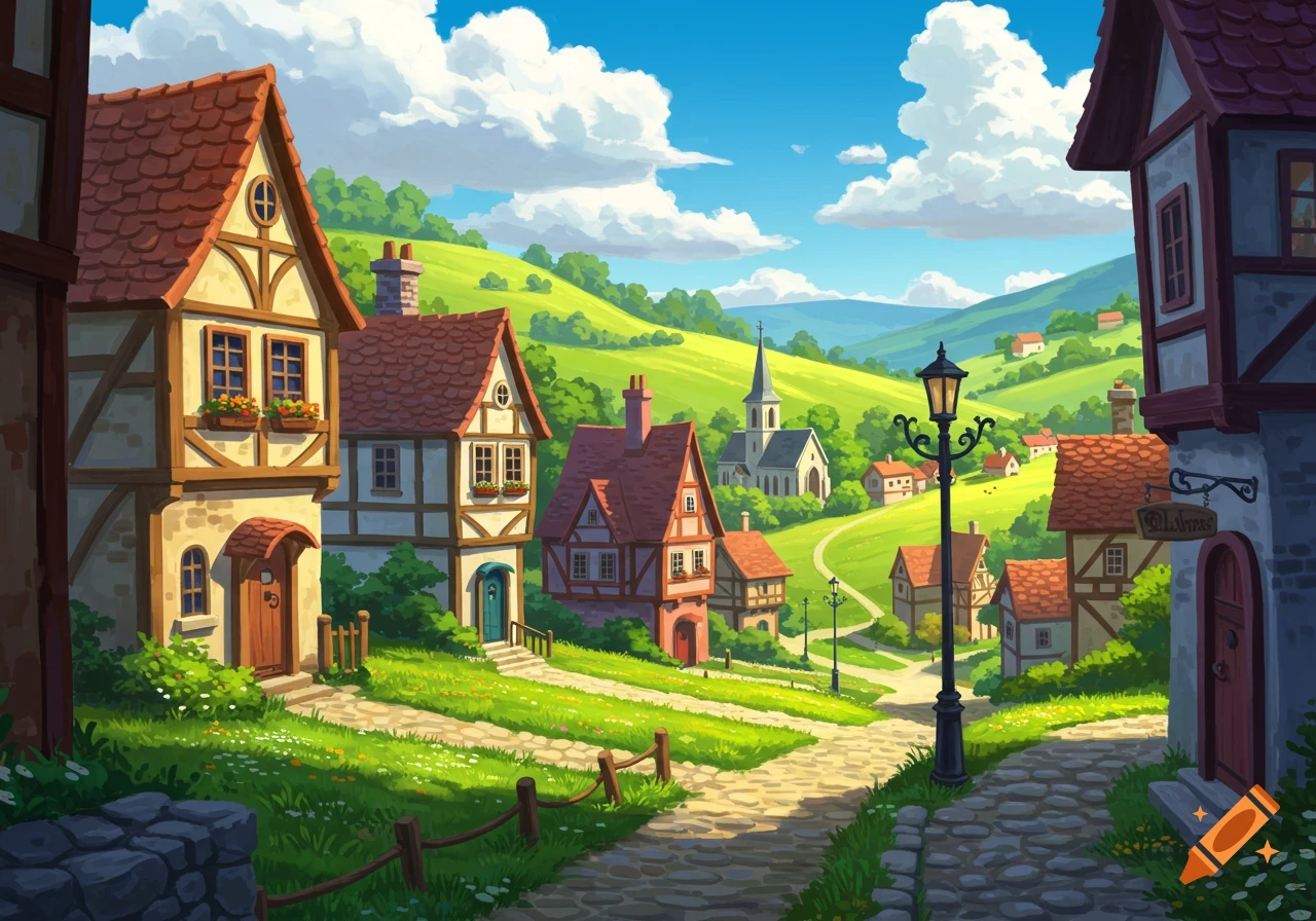 A colorful animated illustration of a quaint village nestled in green hills under a bright blue sky with fluffy clouds.