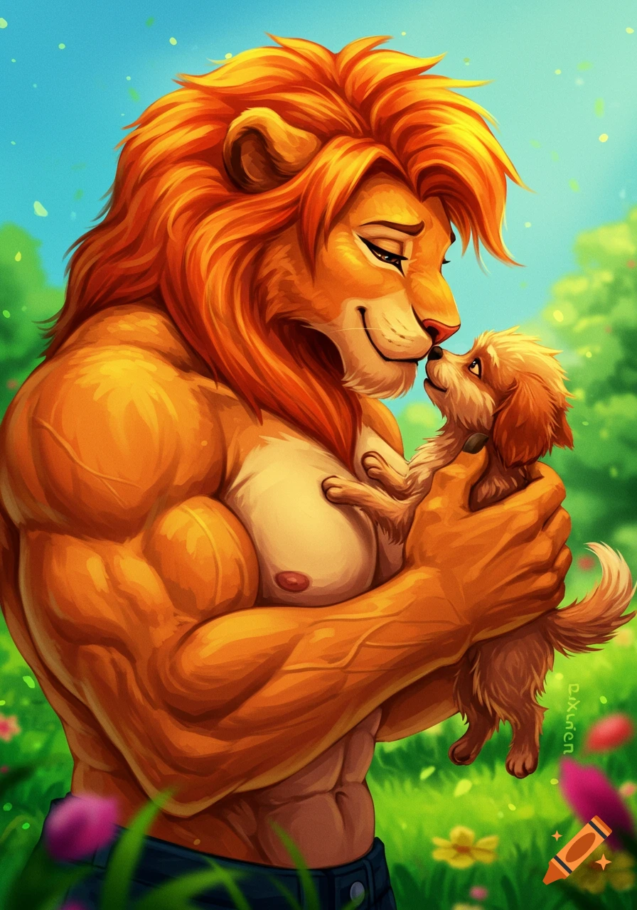 A muscular anthropomorphic lion gently holds a fluffy small dog, nuzzling its nose, in a vibrant green outdoor setting with flowers.