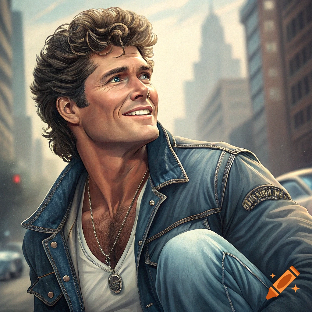 Man resembling David Hasselhoff with wavy hair and denim jacket smiling, looking up in a city.