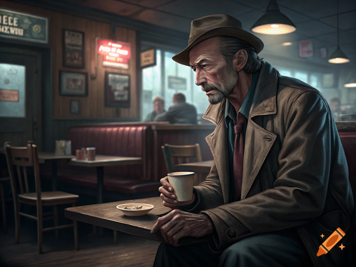 A hyperrealistic, somber older man in a fedora and trench coat sits in a dimly lit diner, holding a coffee cup.