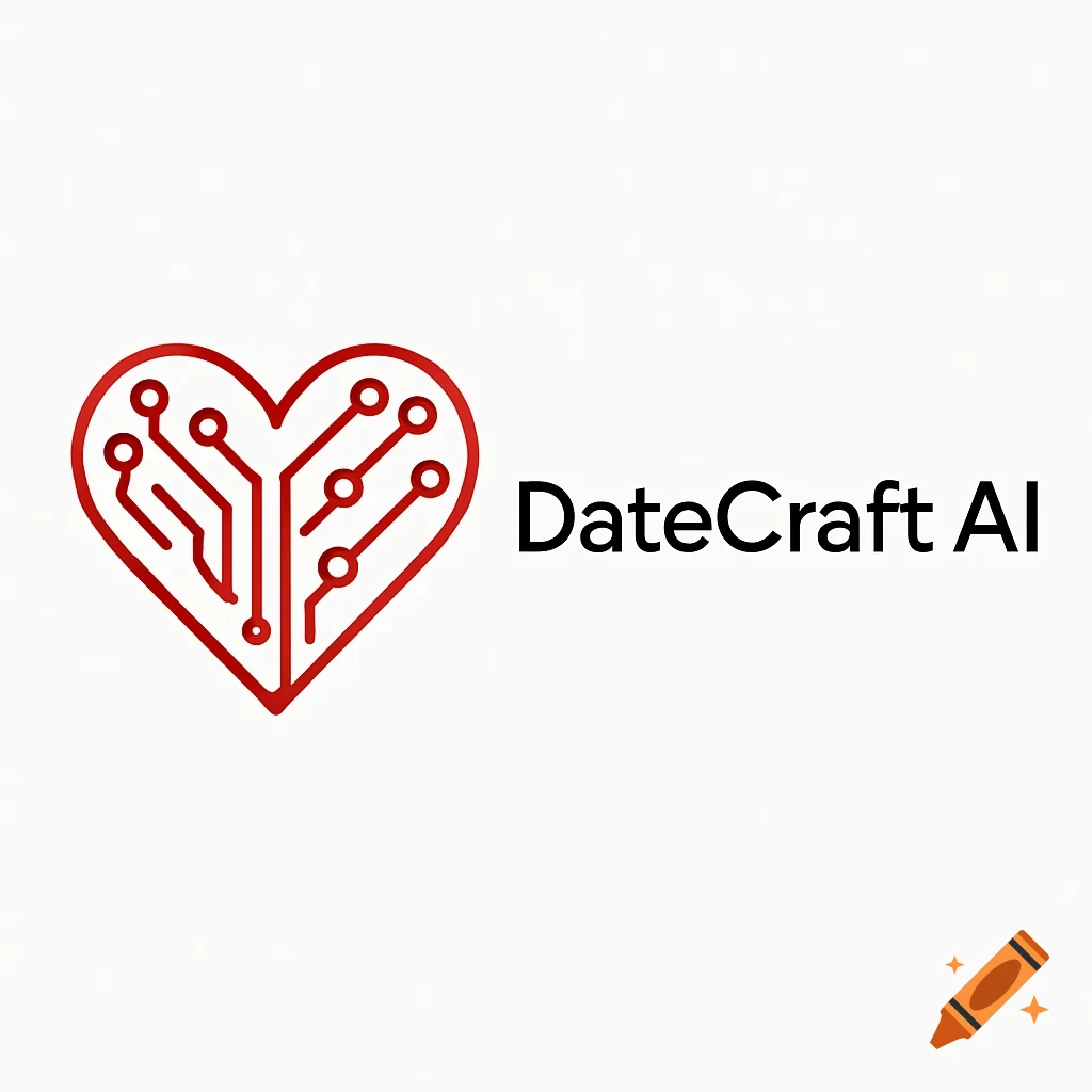 A minimalist logo featuring a red heart made of circuit lines next to the words DateCraft AI on a white background.