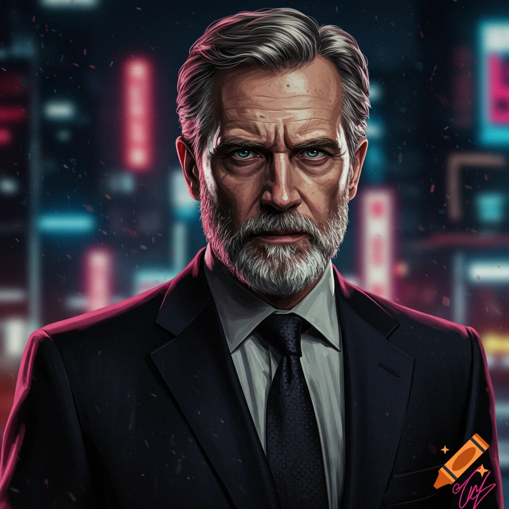 A portrait of a stern-looking older man with a beard in a suit against a blurred neon cityscape.