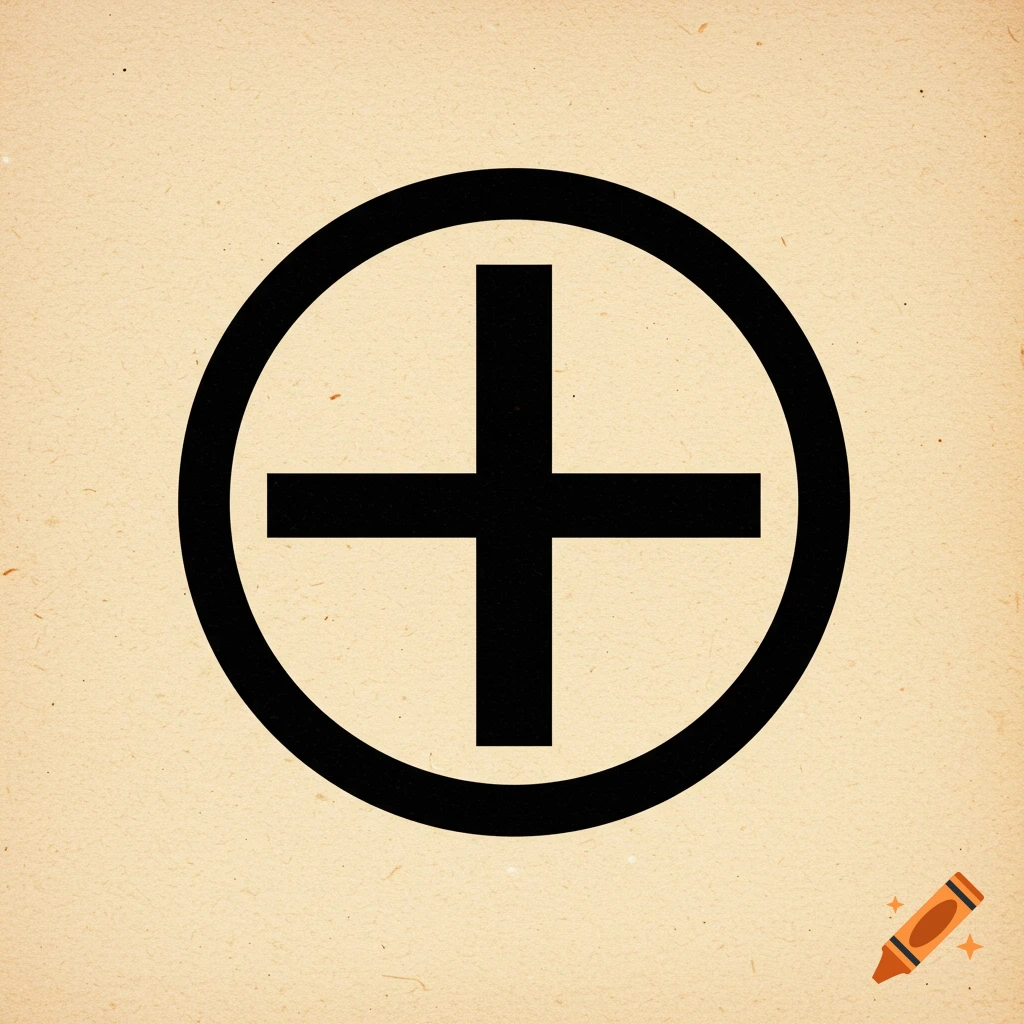 A minimalist black plus sign inside a black circle on a textured beige background, resembling an ancient scroll.