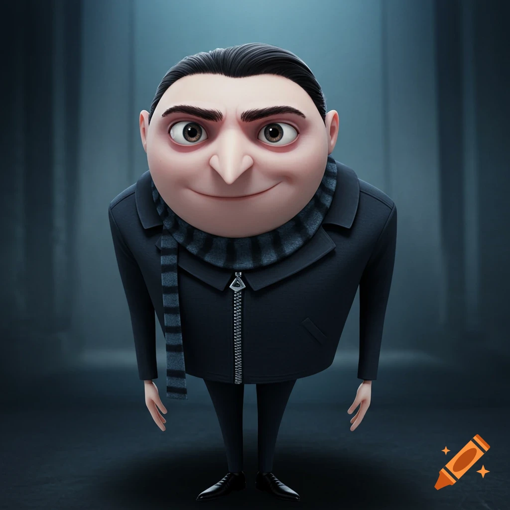 A 3D rendering of Gru from Despicable Me, wearing a black coat and striped scarf, looking at the camera with a slight smile.