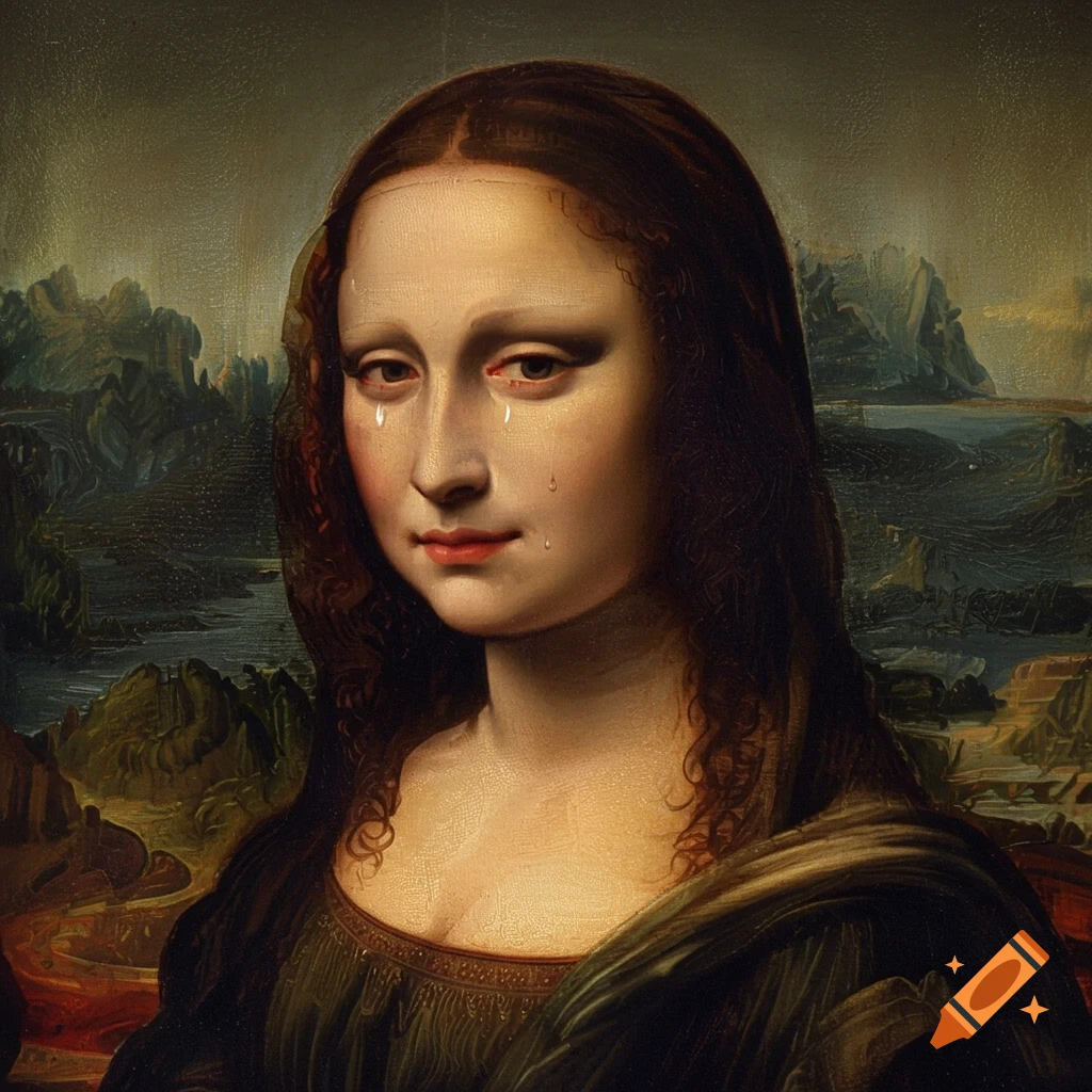 A painting of Mona Lisa crying with tears streaming down her face in a classical style.