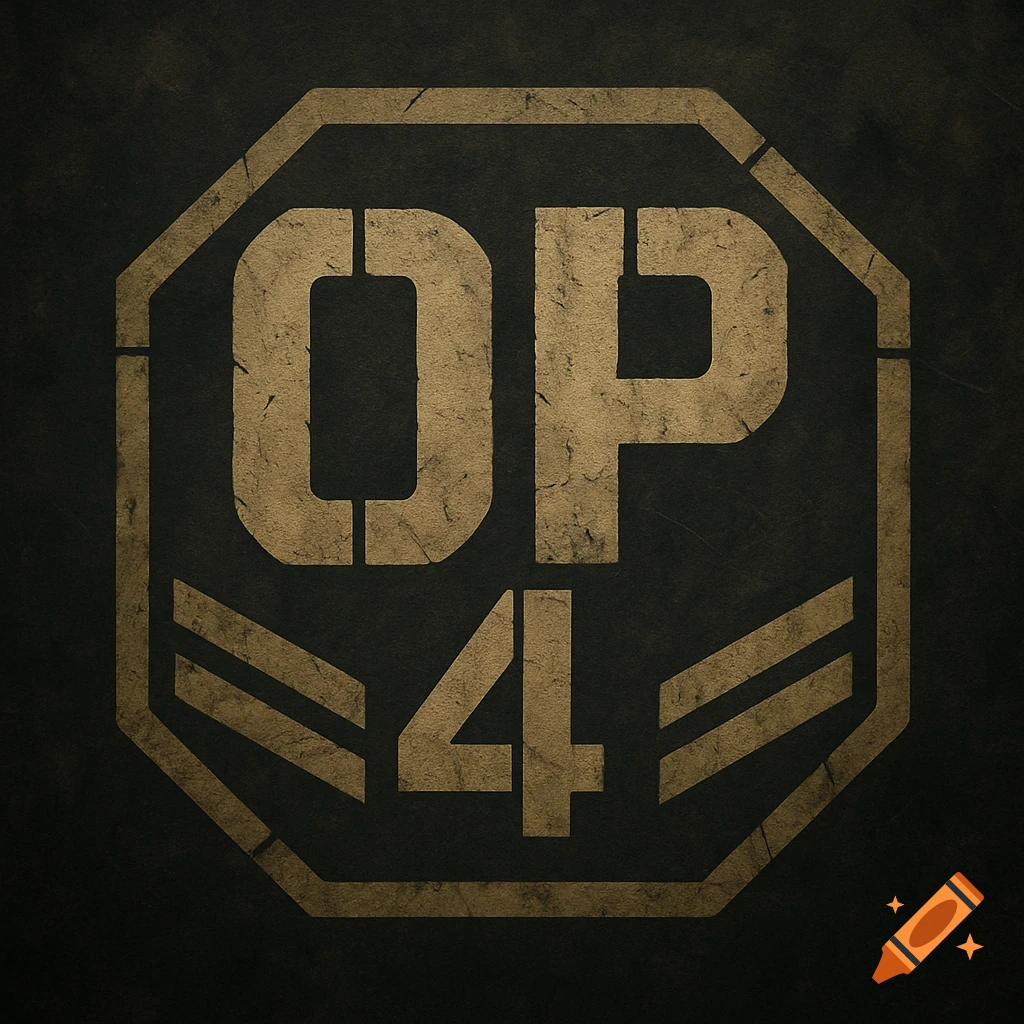 Distressed bronze tactical logo in an octagonal shape with the letters 'OP' above the number '4'.