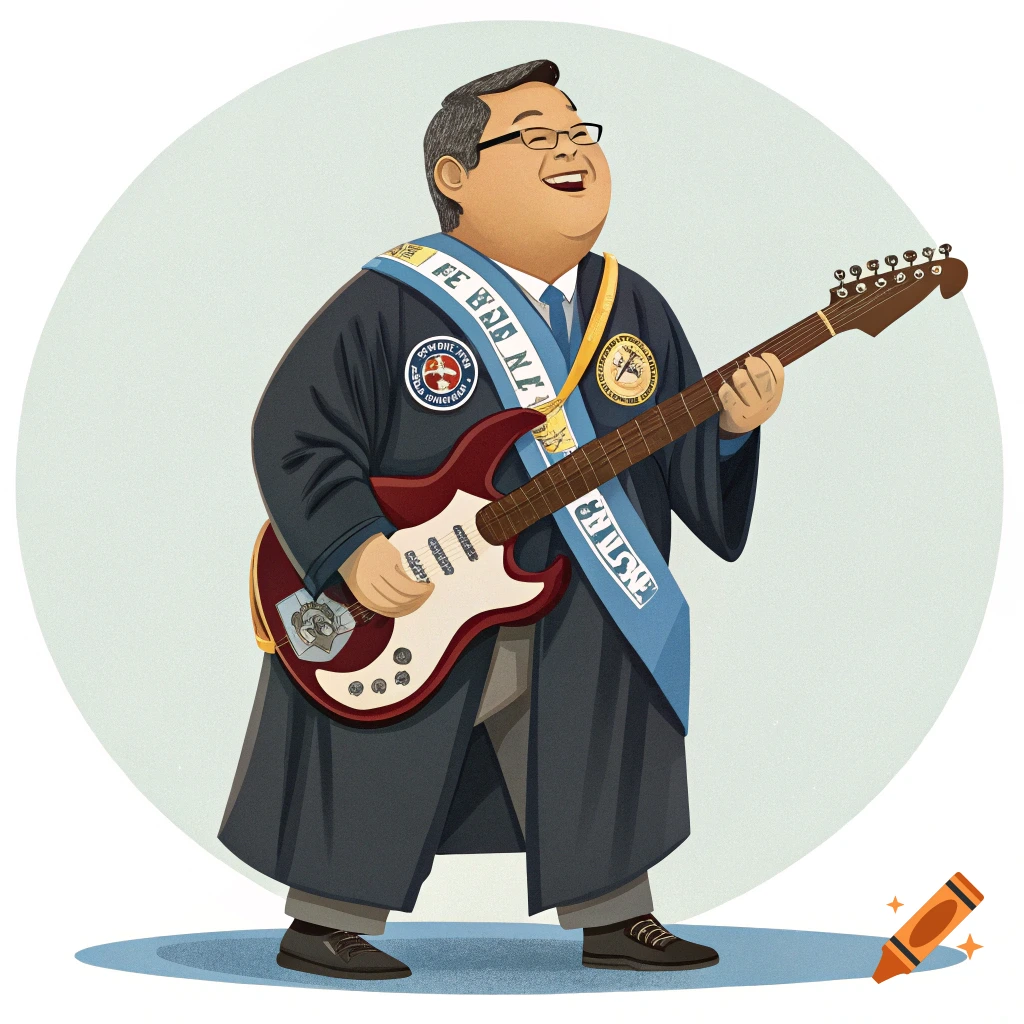 Cartoon illustration of a smiling man in academic robes playing an electric guitar.