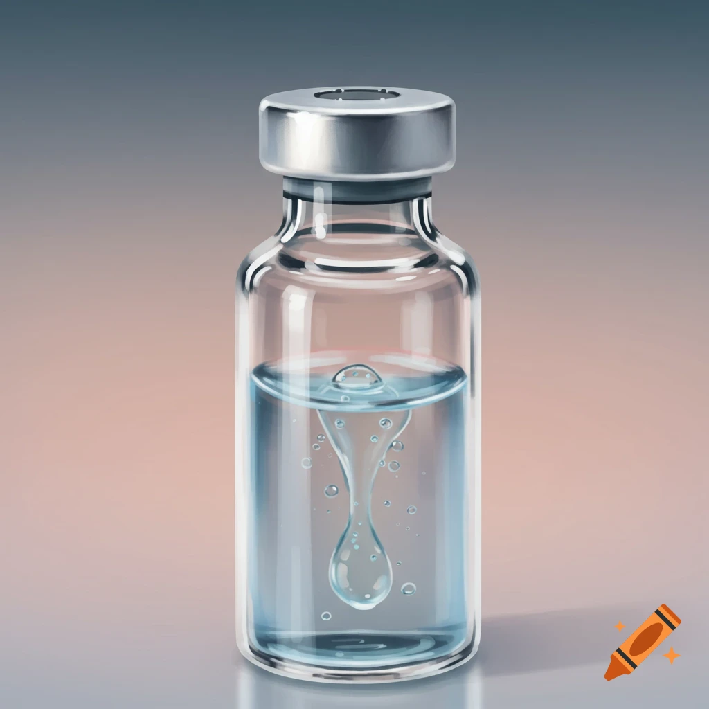 A clear glass medical vial with a silver cap containing a light blue liquid with a swirling droplet inside.