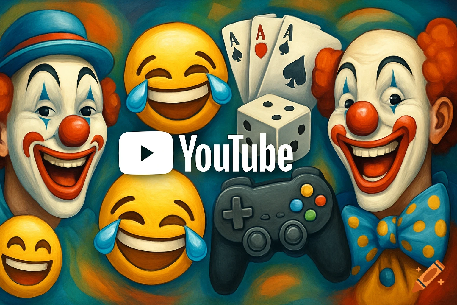 Two laughing clowns, laughing emojis, playing cards, dice, game controller, and YouTube logo on a vibrant background.