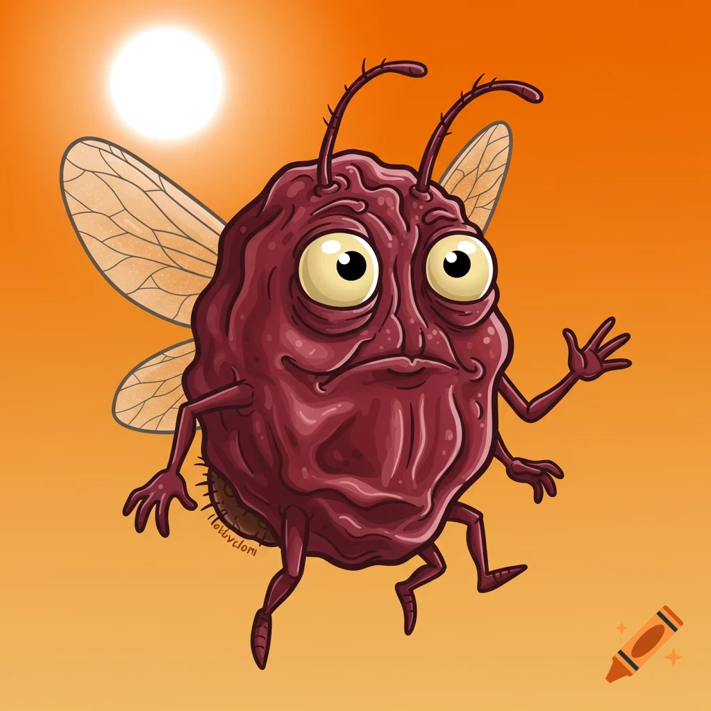 A cartoon character of a reddish-purple, wrinkly fly with large eyes and wings, set against an orange sky with a bright sun.