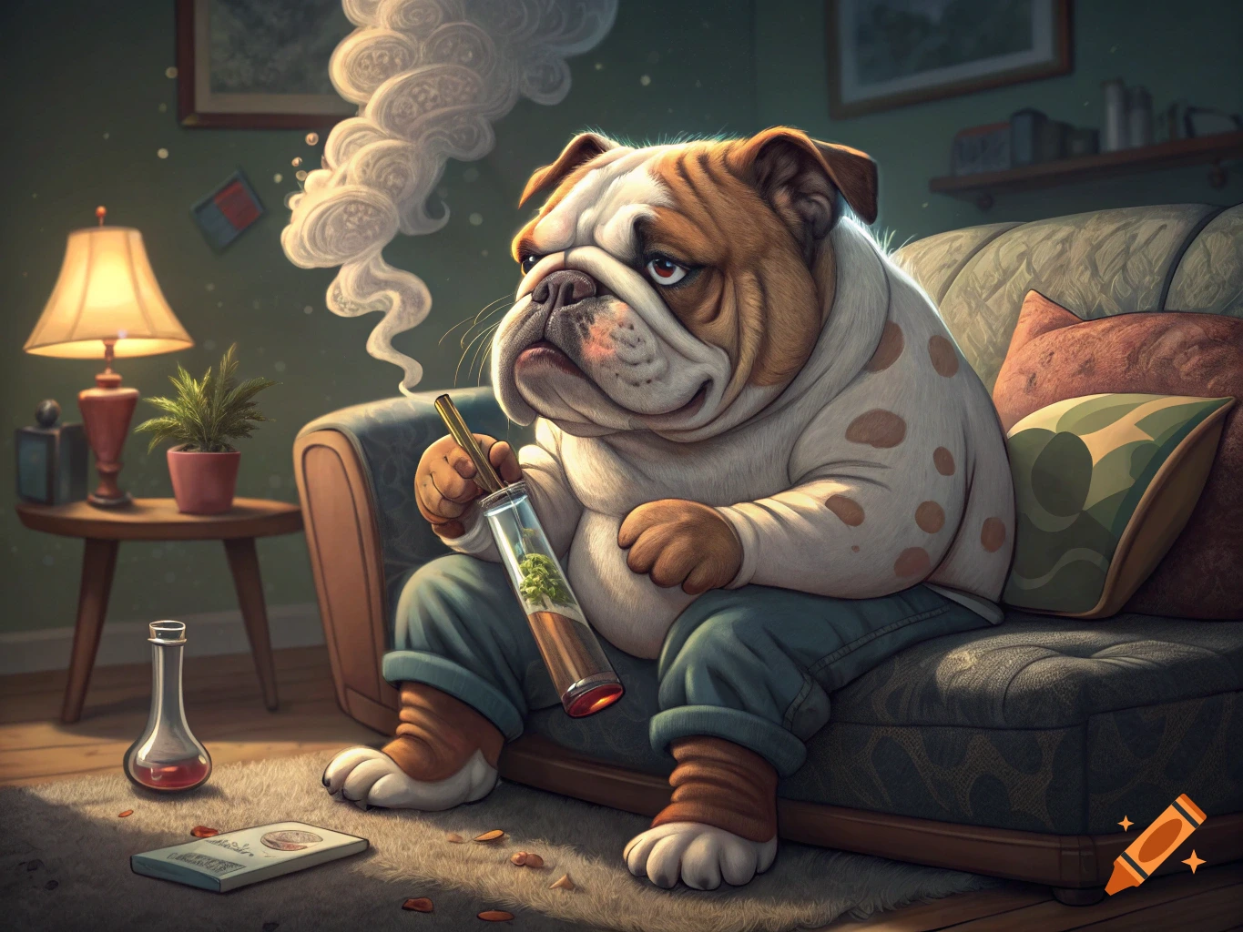 A cartoon bulldog sits on a couch, smoking from a bong, with smoke swirling above. A flask and book are on the rug.