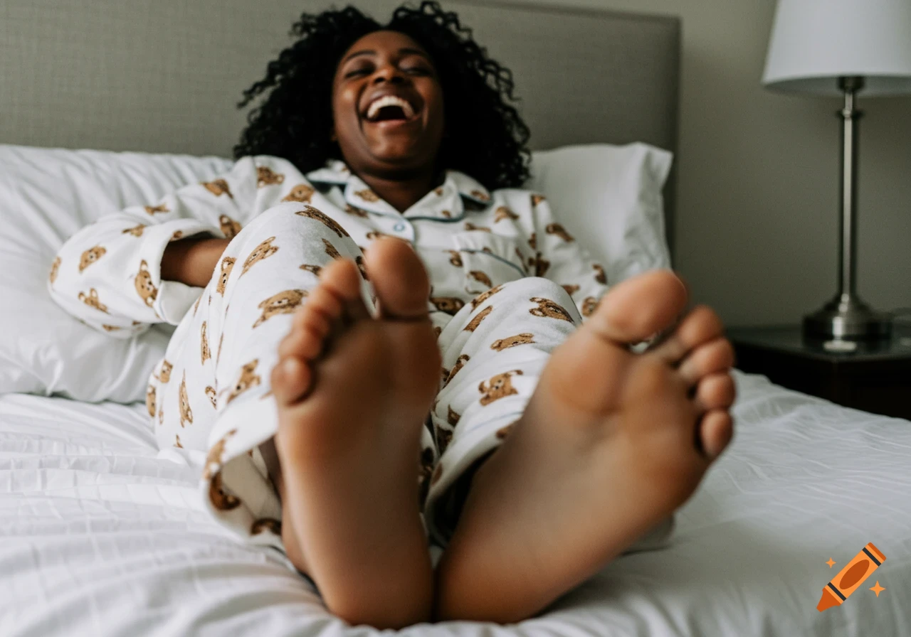 A laughing Black woman lies in bed, wearing white teddy bear pajamas, with the soles of her bare feet visible in the foreground.