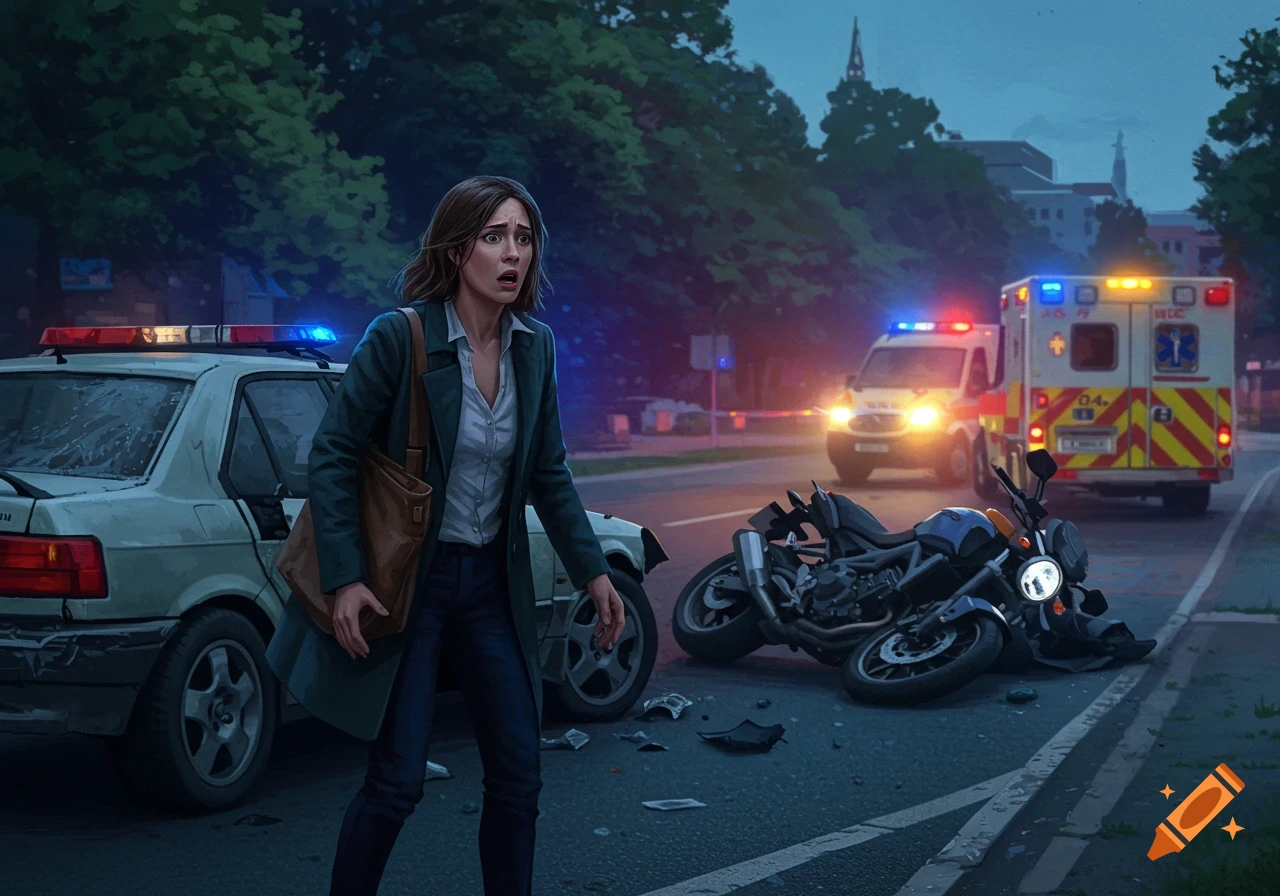 A shocked woman stands beside a damaged car on a quiet street, with a motorcycle on its side and an ambulance approaching in the background.