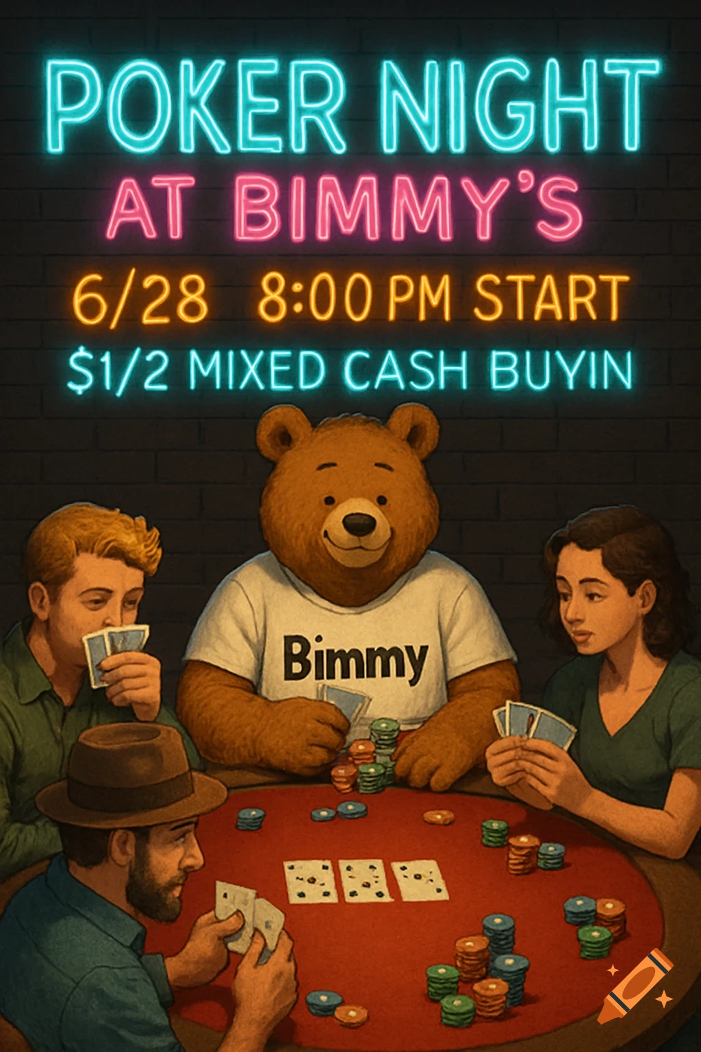 People and a bear in a white shirt playing poker around a red table under neon signs that read "Poker Night at Bimmy's".