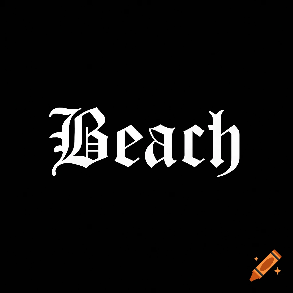 The word 'Beach' written in white Old English script on a black background.
