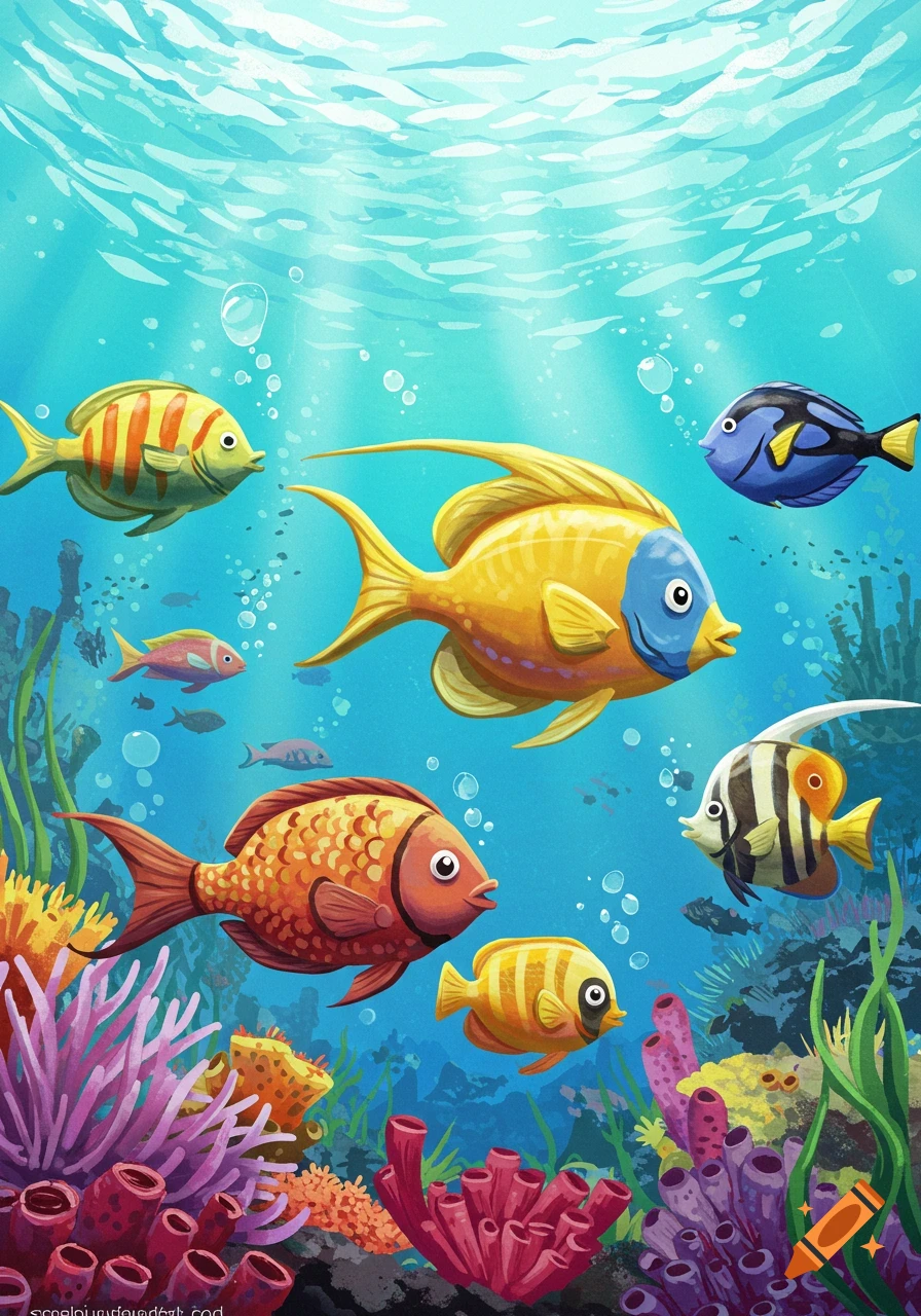 A vibrant illustration of colorful fish swimming among coral reefs in a bright blue ocean.