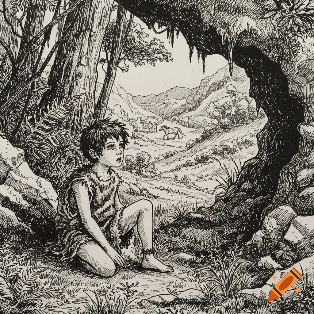A black and white pen sketch of a boy in primitive clothing kneeling in a cave opening, looking towards a valley with a horse in the distance.