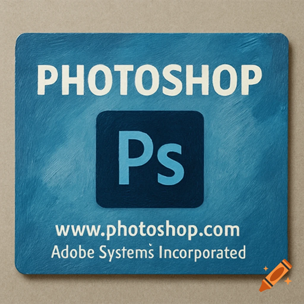 A blue square card with the Photoshop logo, text 'PHOTOSHOP', 'www.photoshop.com', and 'Adobe Systems Incorporated'.