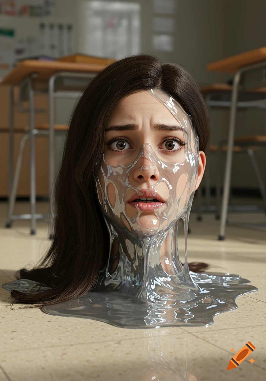 A photorealistic portrait of a woman's head melting into a gray slime puddle on a classroom floor, with a confused expression.