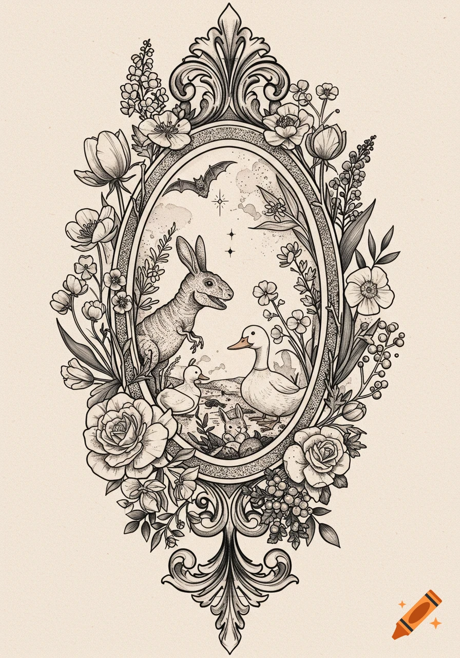 Black and white illustration in a gothic frame with flowers, featuring a rabbit-dinosaur, ducks, bunnies, and a bat.