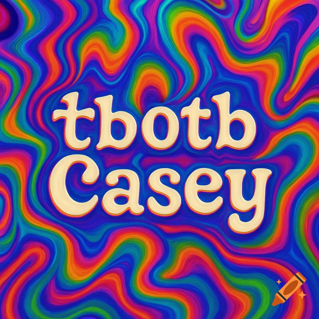 Cream-colored text "tbotb Casey" floats against a vibrant, swirling, psychedelic background of blues, purples, oranges, and greens.
