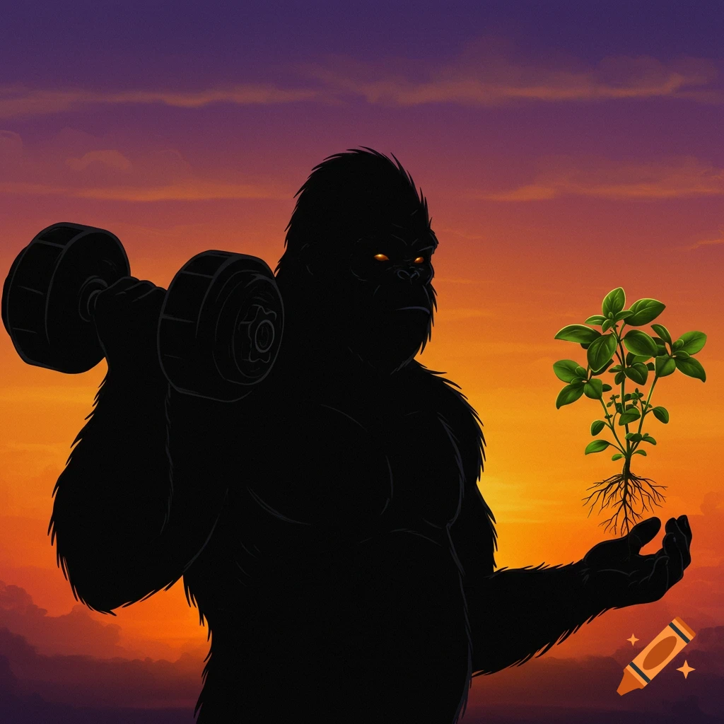 Silhouette of a muscular gorilla-like creature holding a dumbbell in one hand and a rooted herb plant in the other, against a sunset sky.