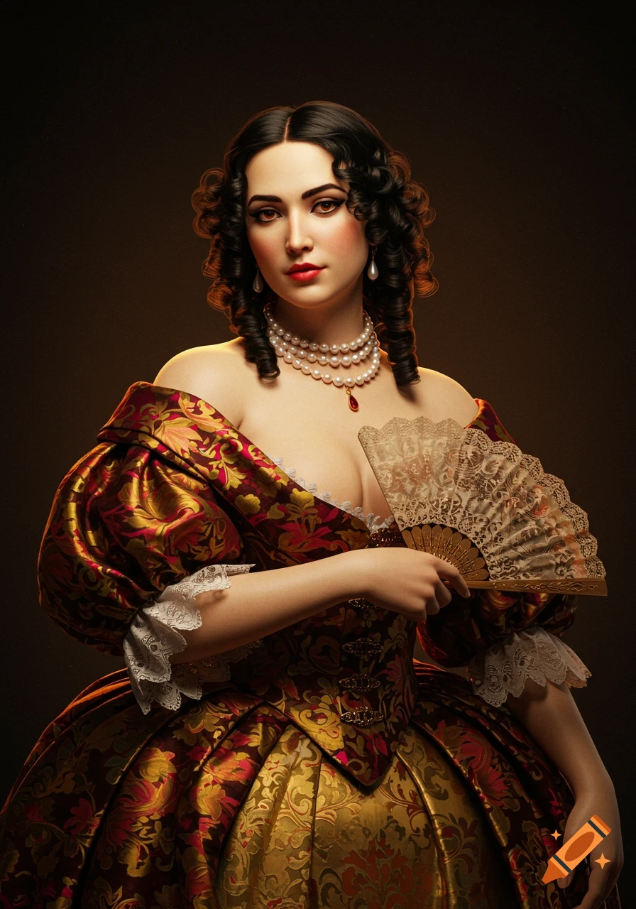 A photorealistic portrait of a woman with dark curly hair wearing a gold and red ornate historical gown and a pearl necklace, holding a fan.