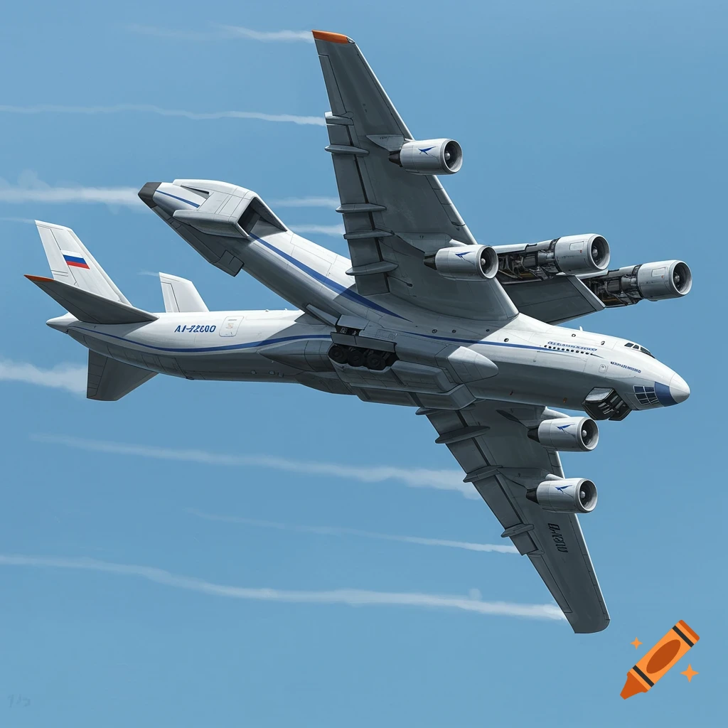 A large, white cargo airplane with four engines on top of each wing flying in a blue sky.