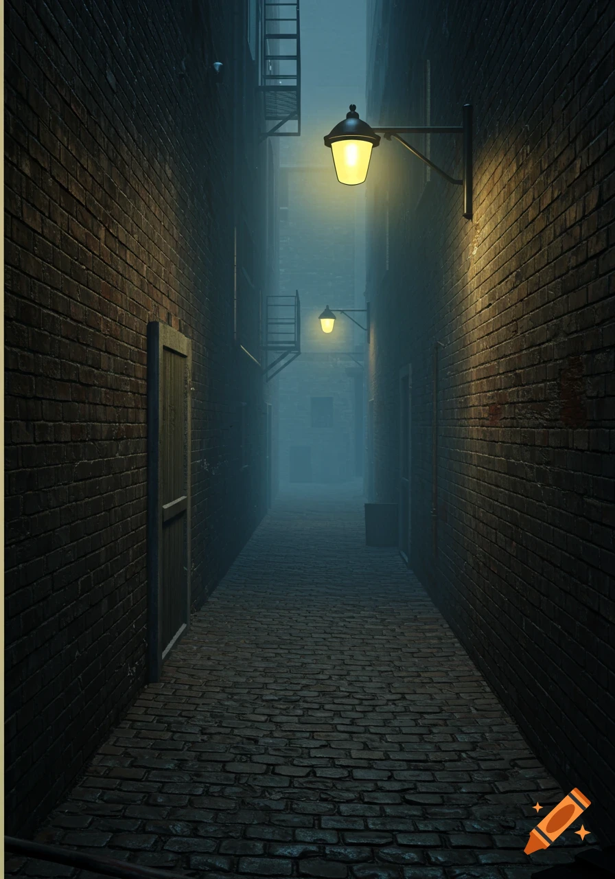 A dark, misty urban alleyway at night, illuminated by yellow street lamps, with brick walls and a cobblestone path.