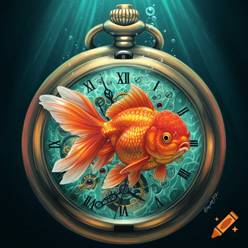 A vibrant orange goldfish swims inside a vintage pocket watch, surrounded by glowing blue water and bubbles, with visible gears and Roman numerals.