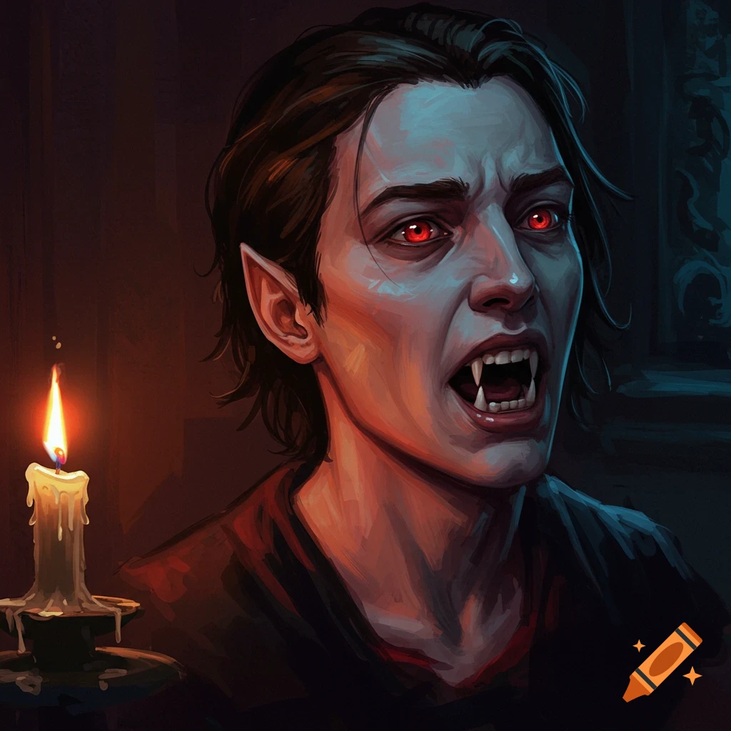 A digital painting of a pale vampire with glowing red eyes and sharp fangs, illuminated by candlelight.