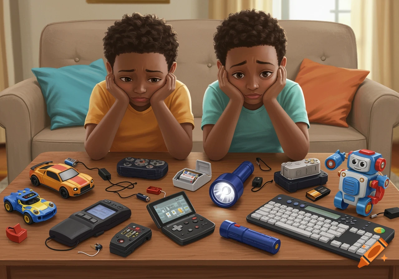 Two sad African American children look at a table covered with powerless toys and gadgets, including remote control cars, a handheld game, a flashlight, and a toy robot.