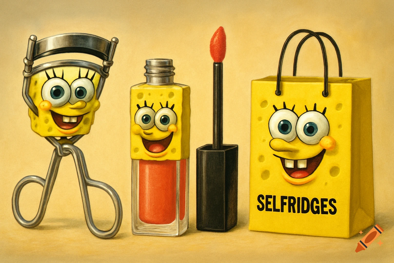 Spongebob-themed eyelash curler, lip gloss, and Selfridges shopping bag on a beige background.