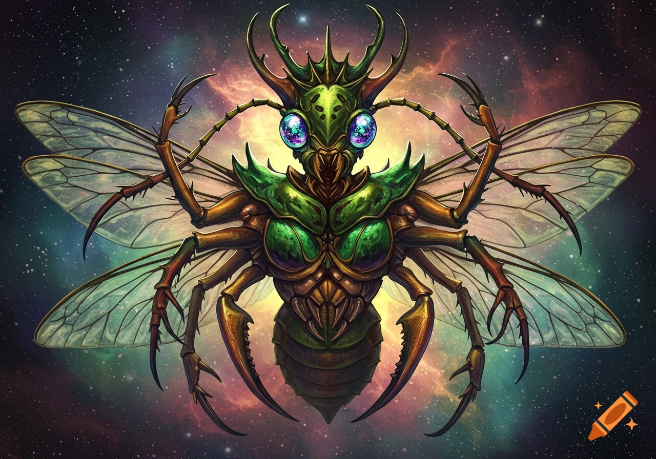 A detailed fantasy illustration of a vibrant green and gold insect creature with large iridescent eyes and translucent wings, set against a cosmic, starry nebula background.
