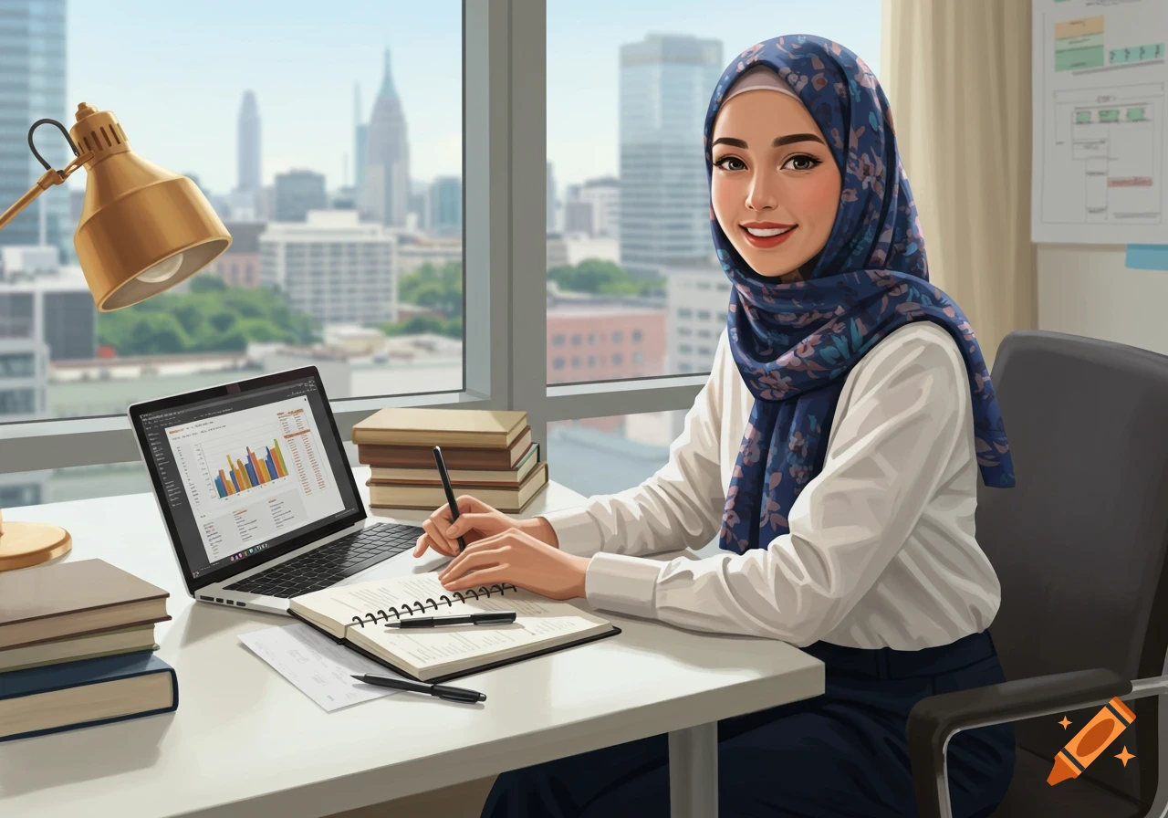 Smiling hijabi woman working at a desk with a laptop and books in an office with a city view, illustration style.