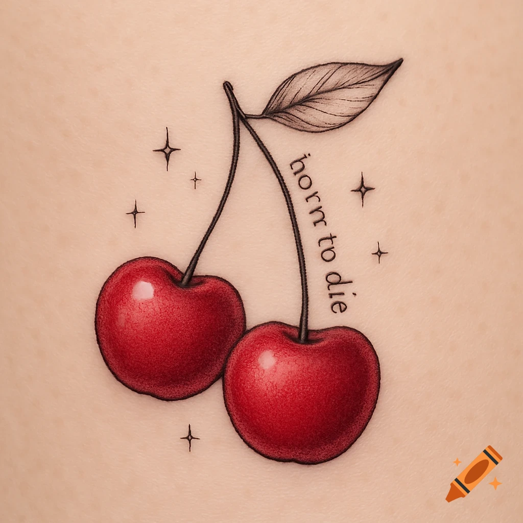 A fine-line tattoo of two deep red cherries with a leaf and sparkles, with the text 'born to die' along the stem, on fair skin.