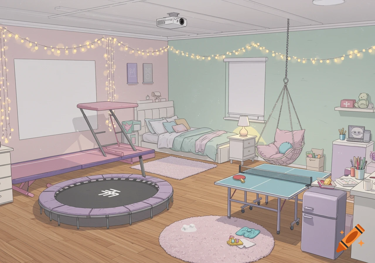 A soft pastel bedroom with a bed, hanging swing chair, trampoline, airtrack mat, and ping pong table. Fairy lights adorn the walls.