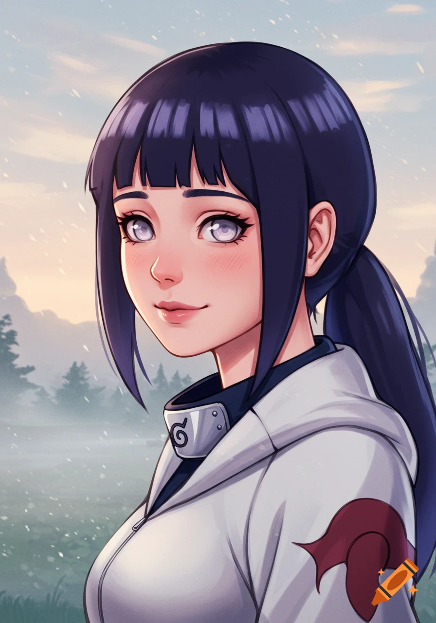 Anime portrait of Hinata Hyuga with long dark purple hair and white eyes, wearing a white jacket with a Konoha headband, in a snowy field.