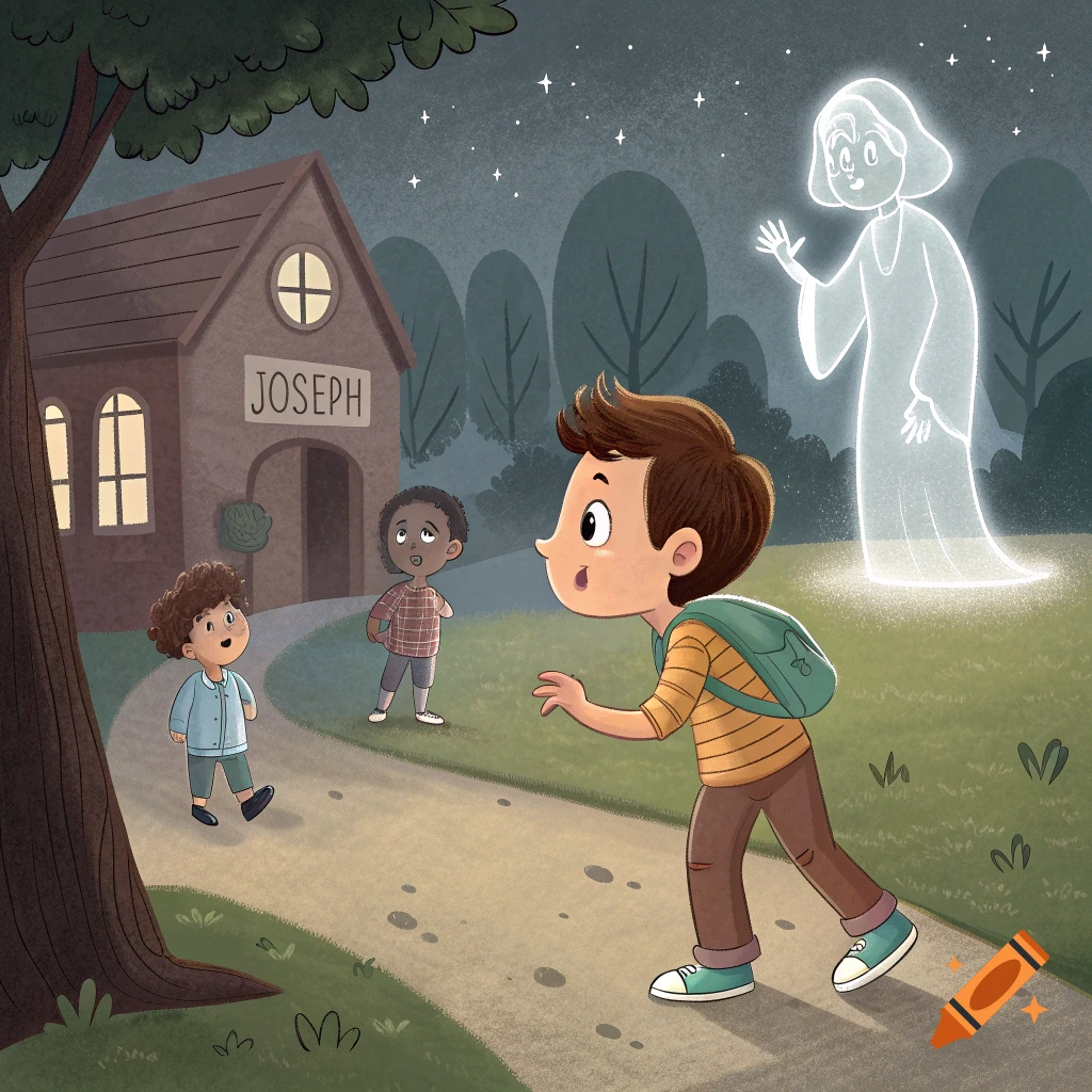 A wide-eyed boy in a striped shirt sees a glowing white ghost at night, while two other boys stand near a building labeled 'JOSEPH'. Children's illustration.