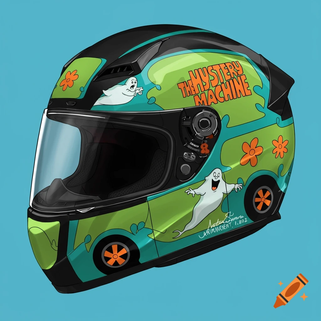 A black motorcycle helmet with green and blue decals inspired by the Mystery Machine, featuring cartoon ghosts and flowers.