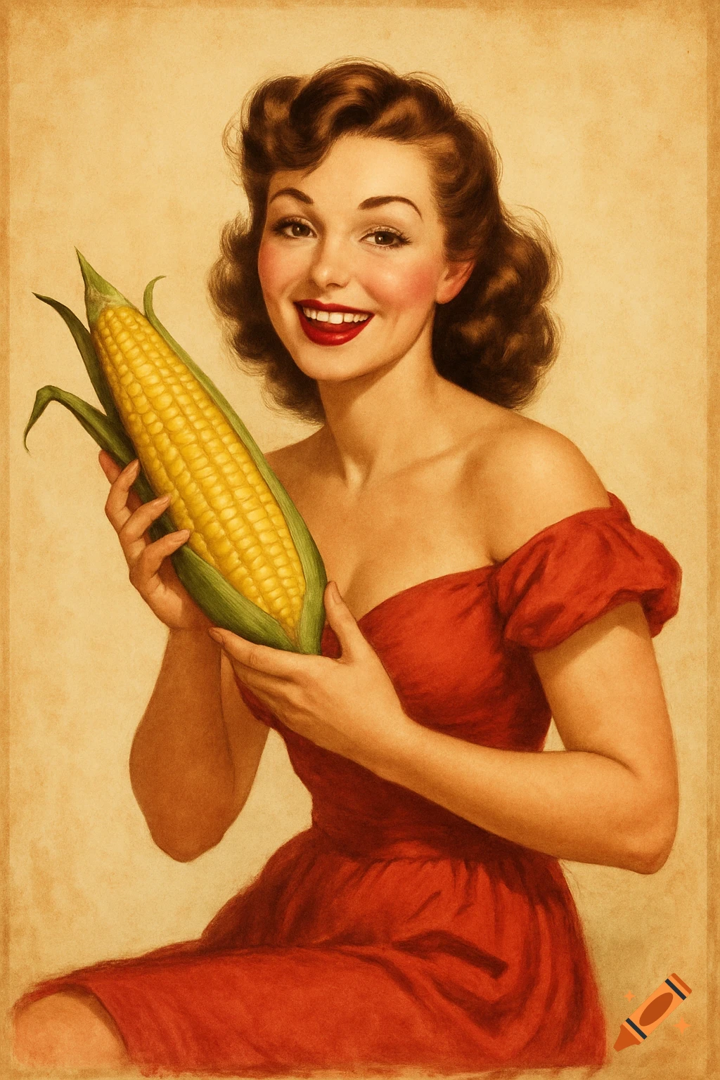 Vintage poster illustration of a smiling pin-up girl with brown hair in a red dress, holding a large ear of corn.