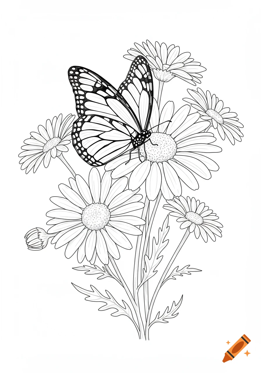 A detailed black and white line drawing of a monarch butterfly resting on a cluster of daisies.
