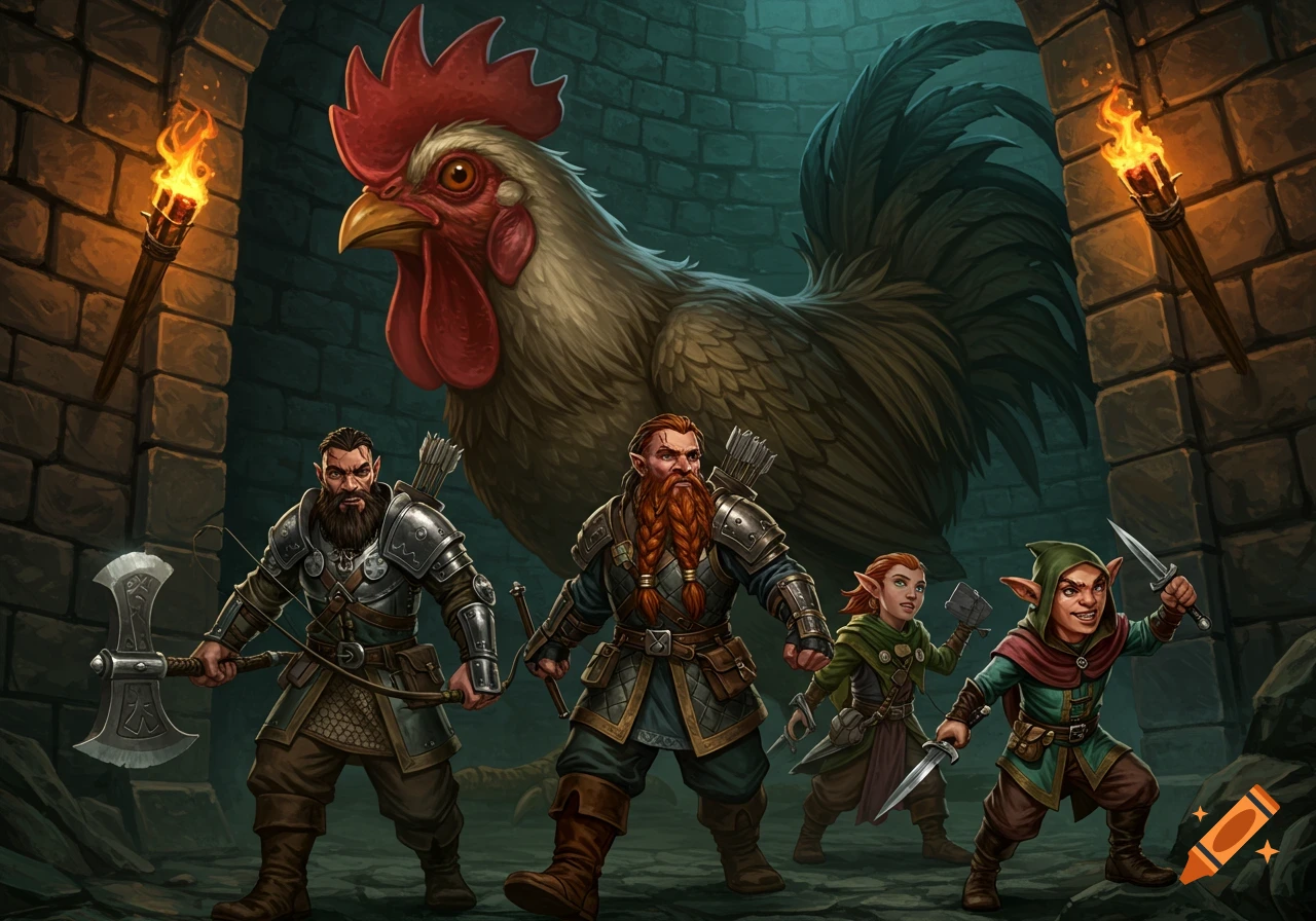 A party of fantasy adventurers, including dwarves, a human, and an elf, stand in a stone dungeon facing a giant rooster.