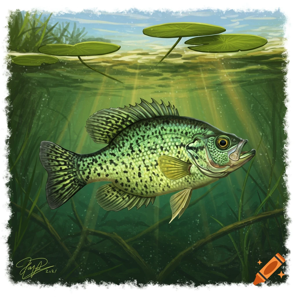 An illustration of a green crappie fish swimming underwater with lily pads and sunlight above.