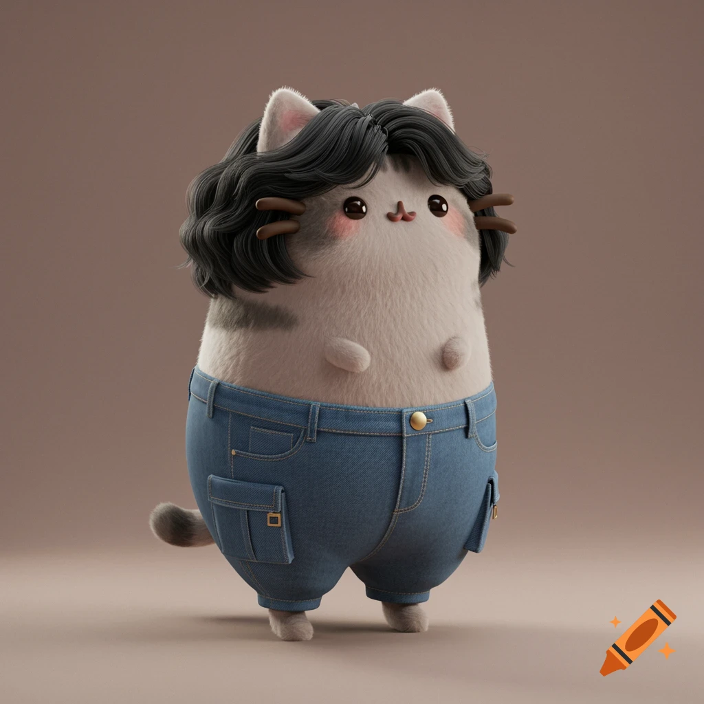 Cute 3D rendered Pusheen cat with short wavy black hair, wearing cargo jeans.
